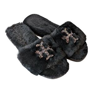 Black Tory Burch Women's Double T Logo Shearling Slide Size 5 Tory Burch Shoes